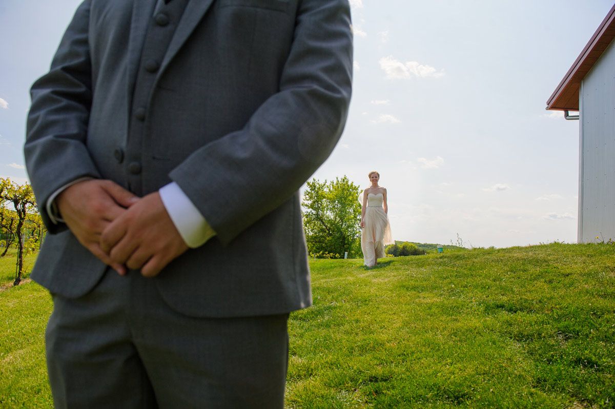 Bride and groom first look at the Cedar Ridge Winery